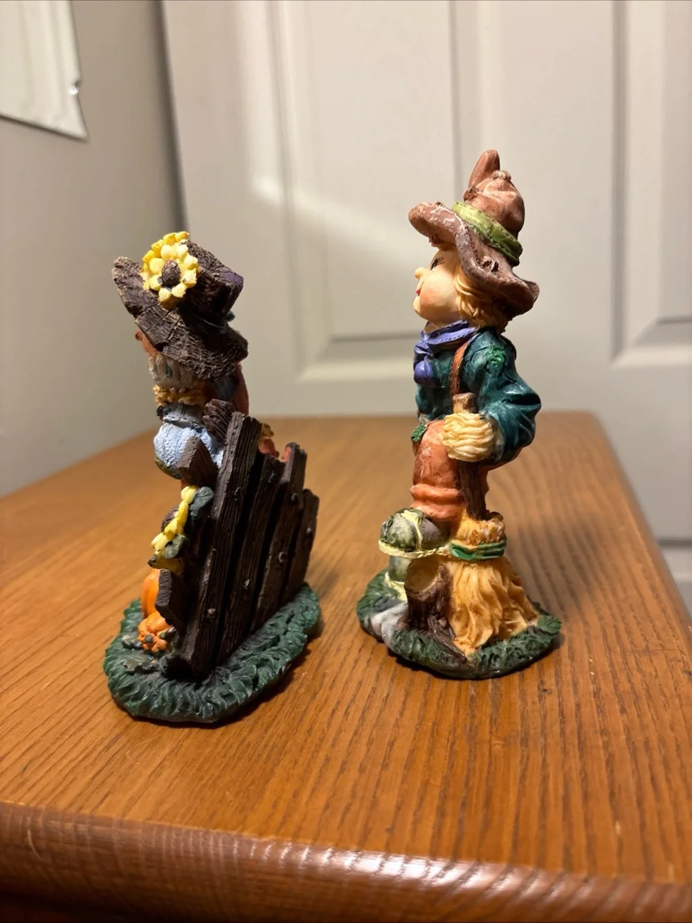 Autumn Scarecrow Figurine Pair - Orange & Green Fall Decor